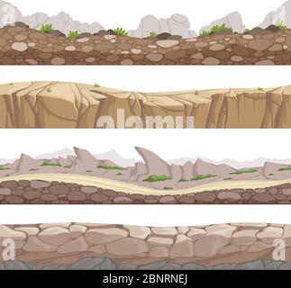 Stone road seamless. Rocky game backgrounds with various types of stones vector cartoon collection Stock Vector