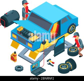 Change car wheels. Technicians working in auto service mechanical work fixing car details vector picture Stock Vector