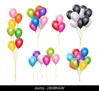 Transparent balloons. Realistic mockup 3d flying helium party decoration balloons vector collection Stock Vector