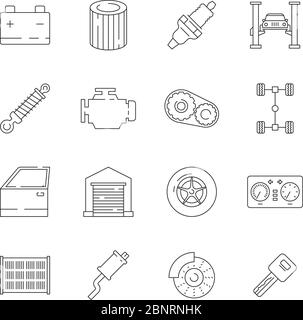 Car service icon. Auto parts gearbox engine vectors simple thin line symbols Stock Vector