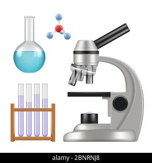 Science equipment. Microscope scientific chemical laboratory items glass cylinder and tubes beakers pipette vector realistic Stock Vector