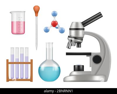 Chemical lab items. Science laboratory collection bottles microscope glass tubes biology vector realistic tools Stock Vector