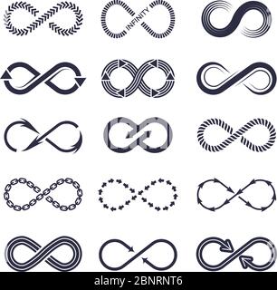 Eternity symbols. Vector monochrome icon collection of infinity logotypes Stock Vector