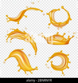 Oil yellow splashes. Golden liquids and drops vector realistic template Stock Vector