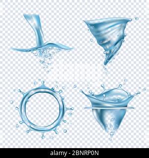 Water splashes. Rain drops liquid fluids object transparent blobs dynamic water whirlpool vector realistic pictures Stock Vector
