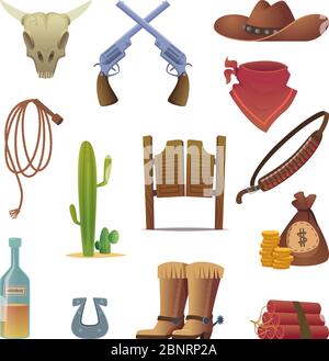 Wild west icon. Cowboys country western symbols saloon boots rodeo lasso vector cartoon collection Stock Vector