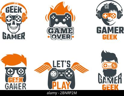 Gamers badges. Joystick video gaming old school labels for smart geek vector template Stock Vector