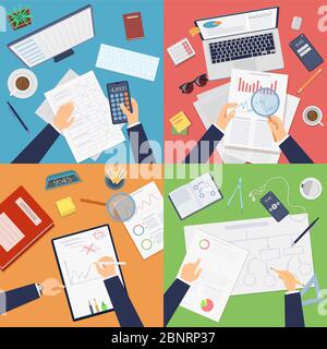Business workplace top view. Businessman working analytics reporting documents making calculations writing drawing professional at work Stock Vector