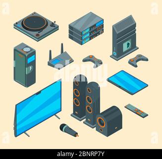 Home entertainment. Electronically tools audio speakers home theatre computer tv systems console gaming vector collection Stock Vector