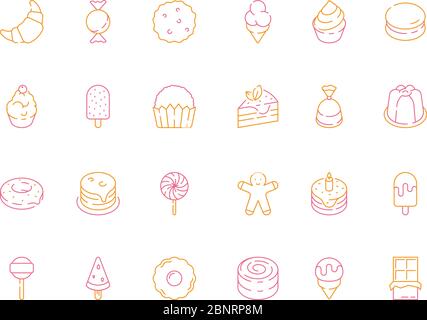 Colored dessert icons. Birthday sweets cakes candy tiramisu delicious food jelly ice cream vector symbols Stock Vector