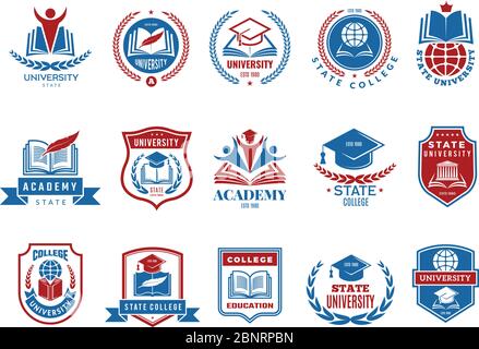College emblem. School or university badges and labels vector logotype collection Stock Vector