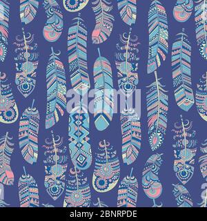 Ethnic feathers pattern. Tribal background hippie indian cultural elements vector seamless illustration Stock Vector