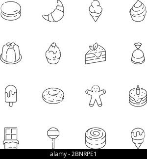 Dessert icon. Chocolate candy jelly cakes ice cream party delicious food vector thin line icon Stock Vector