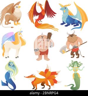 Fantastic creatures. Phoenix dragon hybrid animals flying lion minotaur centaur vector cartoon pictures Stock Vector