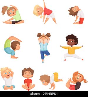 Yoga kids characters. Fitness sport childrens posing and making gymnastics yoga exercises vector illustrations Stock Vector