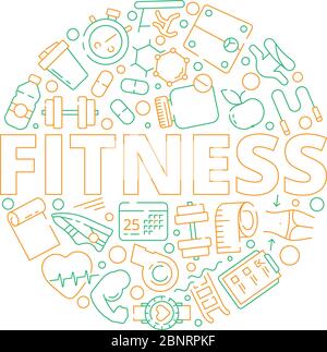 Sport circle background. Fitness symbols in round shape gym sport personal training coaching vitamins healthy vector concept Stock Vector