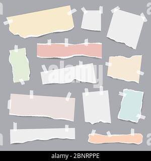 Taped paper. Ripped pieces of white and colored note pages vector realistic template Stock Vector