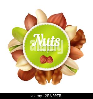 Nuts background. Healthy food snacks and peanuts collection with place for your text vector design template Stock Vector