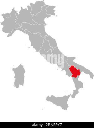 Basilicata province highlighted red on Italy map vector. Gray background. Stock Vector