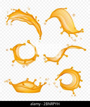 Juice splashes. Liquid fresh fruits drops vector realistic pictures isolated Stock Vector