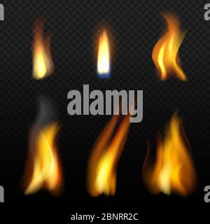Fire flame template. Realistic fuego effects candlelight with orange smoke vector realistic isolation Stock Vector