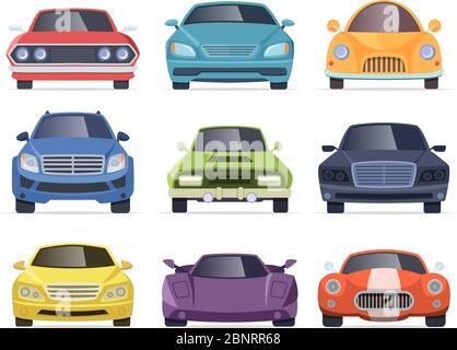 Cars front view. Taxi truck bus van vehicles transport cartoon collection Stock Vector