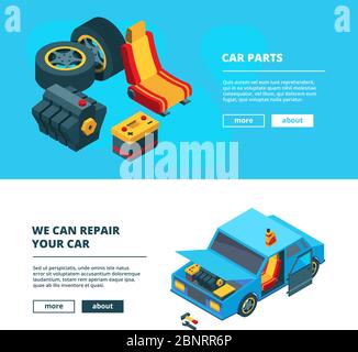 Car parts banners. Auto service with specific tools transmission engine gear wheels accumulator batteries vector isometric collection Stock Vector