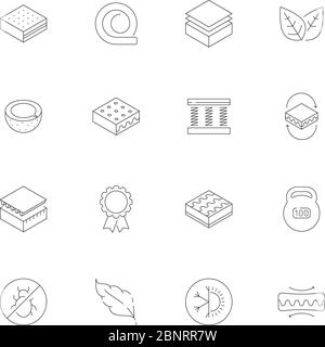 Mattress icons. Orthopedic memory foam healthcare bed air dusting latex night furniture vector icons Stock Vector