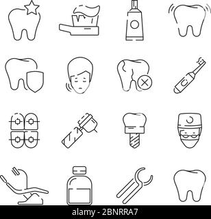 Dental icons. Medical protection teeth removal health care symbols vector thin linear picture Stock Vector