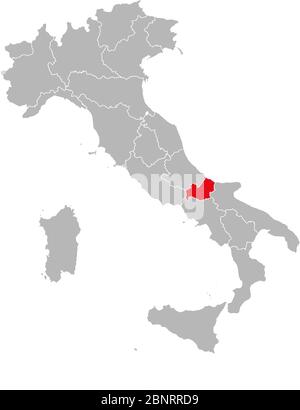 Molise region highlighted red on Italy map vector. Gray background. Stock Vector