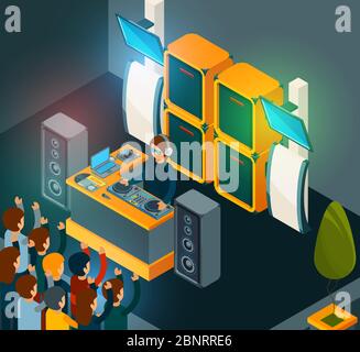 Dj on scene. Entertainment party music happy crowd singing dancing electro music from speakers Stock Vector