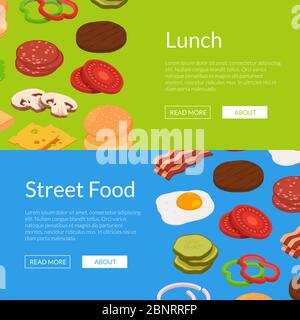 Vector isometric burger ingredients web banner templates illustration Stock Vector