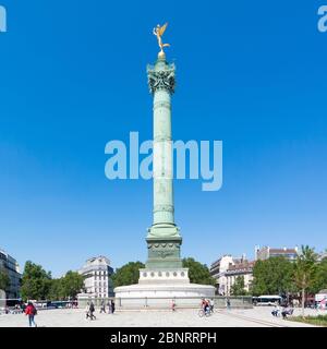 Paris/ France: Colonne de Juillet, July Column in english at Place de la Bastille which is a monumental column in Paris commemorating the revolution Stock Photo