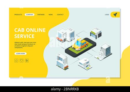 Taxi landing. Website page with smartphone order yellow taxi car in isometric urban landscape vector template Stock Vector