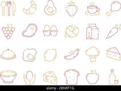 Food colored icon. Bread fish fruits vegetables menu items and kitchen tools for preparing vector thin line symbols Stock Vector