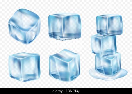 Ice cubes. Freeze water with light reflection and splashes vector realistic ice template Stock Vector