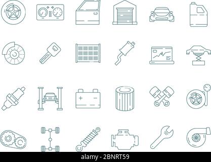 Auto service icon. Automotive mechanic car parts engine gearbox engine oil filter vector thin line pictures Stock Vector