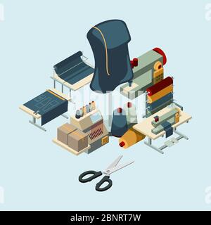 Textile industry. Sewing manufactory tools concept of embroidery production vector composition Stock Vector