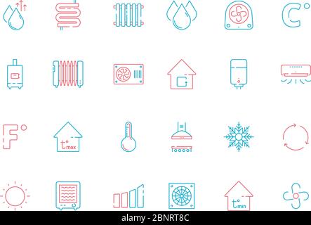 Cooling icons. Heating home conditioning symbols ventilation service vector colored thin pictures Stock Vector