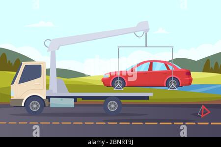 Tow truck. Damaged car evacuation road accident crash broken transport vector cartoon background Stock Vector