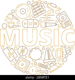 Music items background. Musicians instruments for recording audio studio vector icon in circle shape Stock Vector