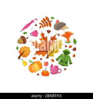Vector cartoon autumn elements and leaves in circle shape illustration Stock Vector