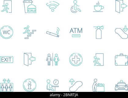 Public symbols. Navigate pictogram disabled toilet wifi bathroom vector public icon collection Stock Vector