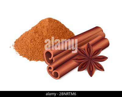 Cinnamon food. Spice sticks and leaf cooking collection aromatic cinnamon vector realistic Stock Vector