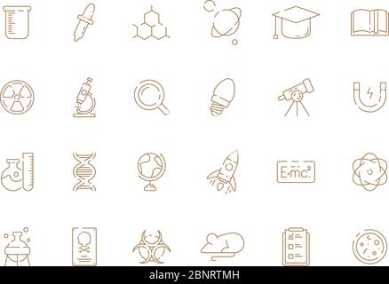 Science icon. Laboratory or factory chemical physical equipment lens magnets medical lamp testing tools vector signs Stock Vector