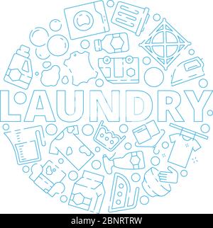 Laundry service background. Dry washing cleaning machine symbols in circle shape vector pictures Stock Vector