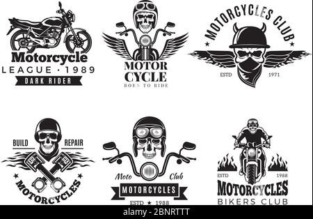 Biker labels. Vintage custom motorcycle and symbols for badges skull bike flags wheel bones engine fire vector road concept Stock Vector