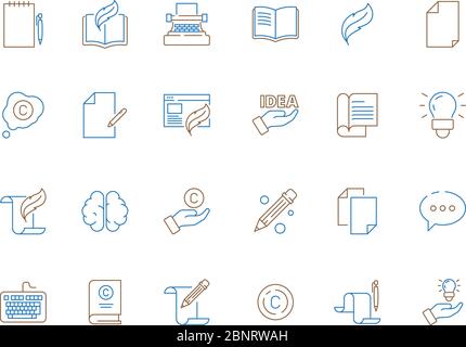 Copywriting icon. Tools for writers articles feather pen newspaper content books vector thin line colored symbols Stock Vector