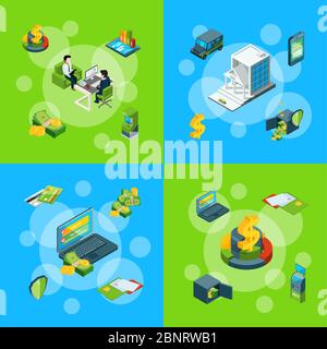 Vector isometric money flow in bank icons infographic concept set illustration Stock Vector