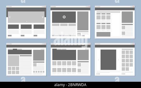 Website layout. Web pages template internet browser window with banners and ui elements icons vector design Stock Vector